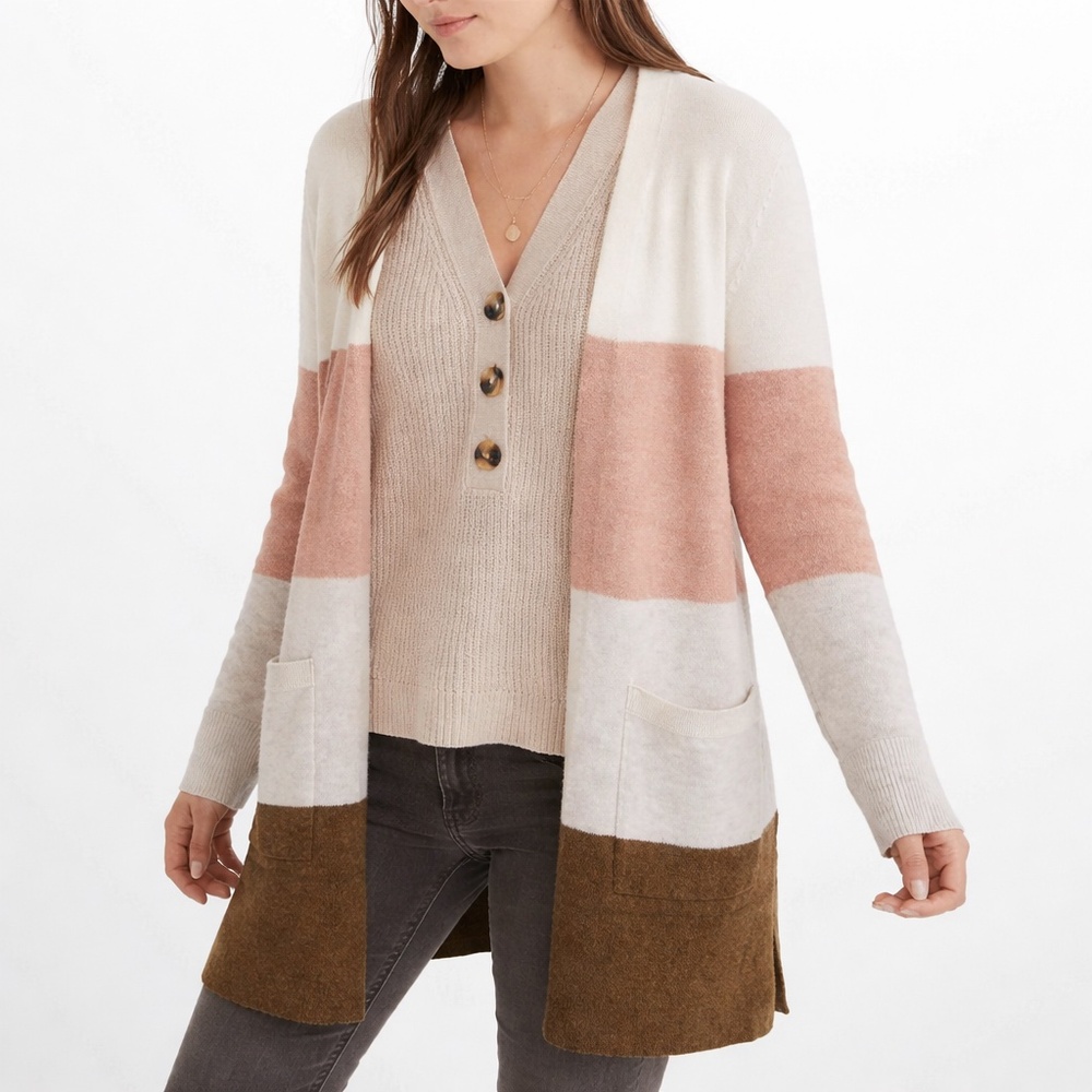Madewell Kent Colorblock Cardigan XS Wool Alpaca Longline Sweater Cream Pink